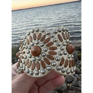Vintage Y2K Calleen Cordero cream leather studded buckle bracelet boho aztec